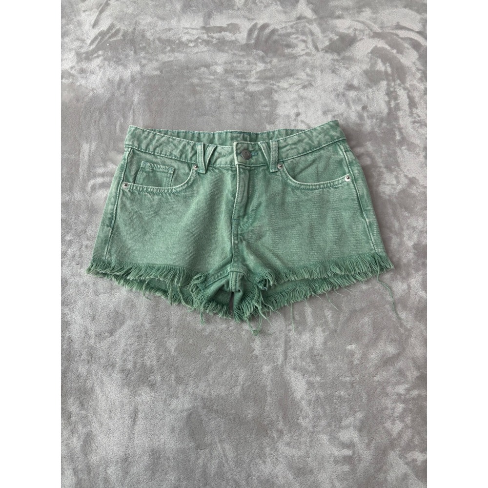 H&M Divided Sage Green Denim Cut Off Shorts Raw Hem Size 0 High Waist 1553